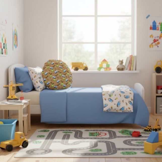 Bouw Voertuigen & Werknemers Patroon Gooi Pil Rond Kussen (Creator heeft geüpload)