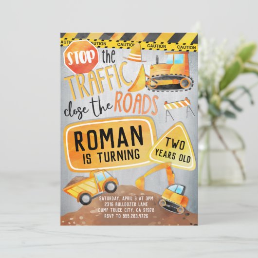 Bouw Vrachtwagen Birthday-uitnodiging (Staand voorkant)