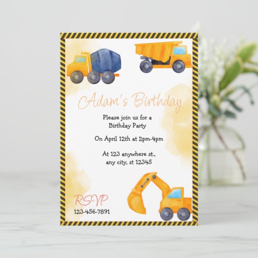 Bouw Vrachtwagen Birthday-uitnodiging Kaart (Staand voorkant)