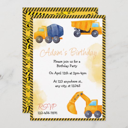 Bouw Vrachtwagen Birthday-uitnodiging Kaart (Voorkant / Achterkant)