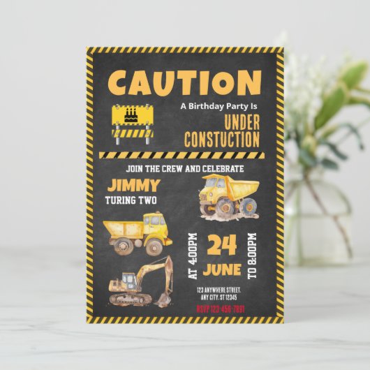 Bouw Vrachtwagen Birthday-uitnodiging Kaart (Staand voorkant)