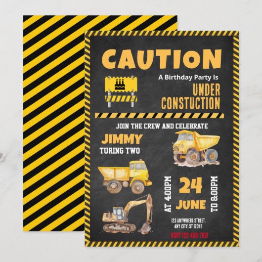 Bouw Vrachtwagen Birthday-uitnodiging Kaart (Voorkant / Achterkant)