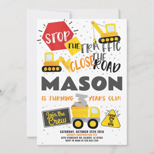 Bouw Vrachtwagen Birthday-uitnodiging Kaart (Voorkant)