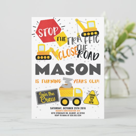 Bouw Vrachtwagen Birthday-uitnodiging Kaart (Staand voorkant)