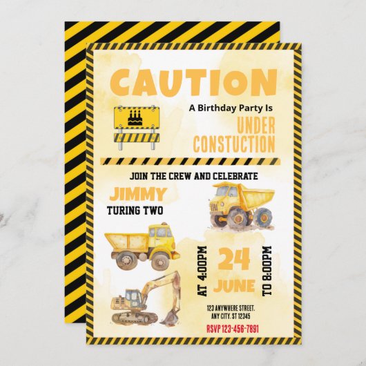 Bouw Vrachtwagen Birthday-uitnodiging Kaart (Voorkant / Achterkant)