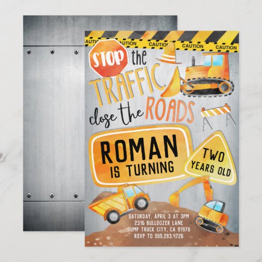 Bouw Vrachtwagen Birthday-uitnodiging Kaart (Voorkant / Achterkant)