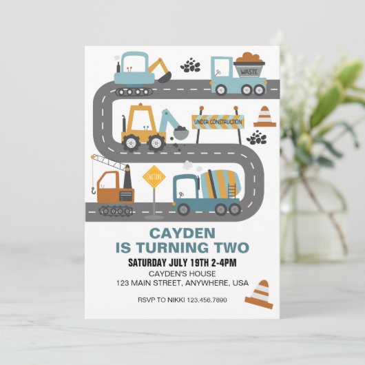 Bouw Vrachtwagen - uitnodiging (Staand voorkant)