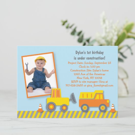 Bouw Vrachtwagen - uitnodiging (Staand voorkant)