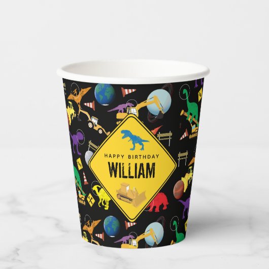 Bouw vrachtwagens dinosauriërs in de ruimte van Bi Papieren Bekers (Voorkant)