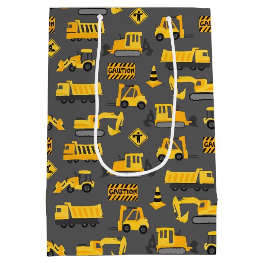 Bouw Vrachtwagens en Tekens Patroon Grijs Medium Cadeauzakje (Achterkant)