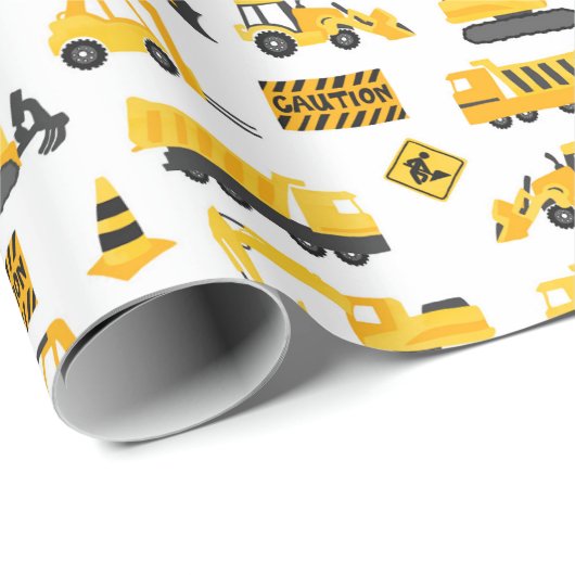 Bouw Vrachtwagens en Tekens Patroon Wit Cadeaupapier (Rol Hoek)