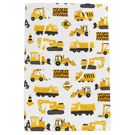 Bouw Vrachtwagens en Tekens Patroon Wit Medium Cadeauzakje (Voorkant)