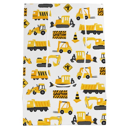 Bouw Vrachtwagens en Tekens Patroon Wit Medium Cadeauzakje (Achterkant)