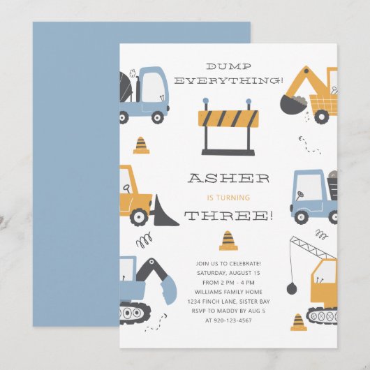 Bouw vrachtwagenthema Birthday Party Kaart (Voorkant / Achterkant)