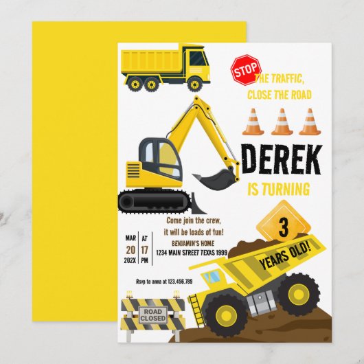 Bouw Yellow Dump Truck Digger Boy Birthday Kaart (Voorkant / Achterkant)