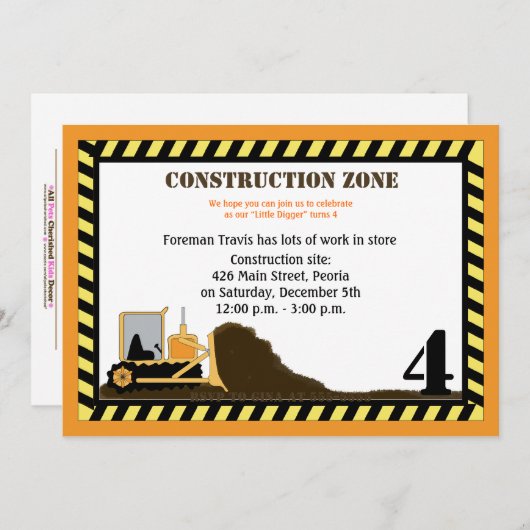 Bouw Zone Backhoe boys Birthday Invite Kaart (Voorkant / Achterkant)
