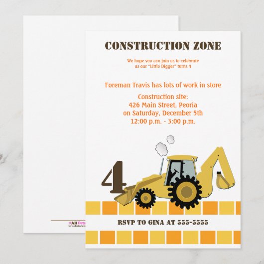 Bouw Zone Backhoe boys Birthday Invite Kaart (Voorkant / Achterkant)