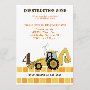 Bouw Zone Backhoe boys Birthday Invite Kaart