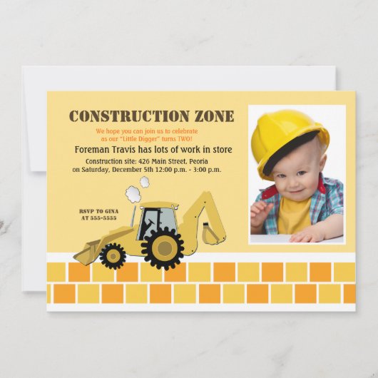 Bouw Zone Backhoe boys Birthday Invite Kaart (Voorkant)