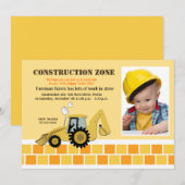 Bouw Zone Backhoe boys Birthday Invite Kaart (Voorkant / Achterkant)