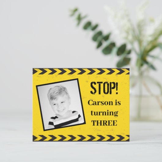 Bouwbander Foto Gele Kinderen Verjaardagsfeestje Briefkaart (Staand voorkant)