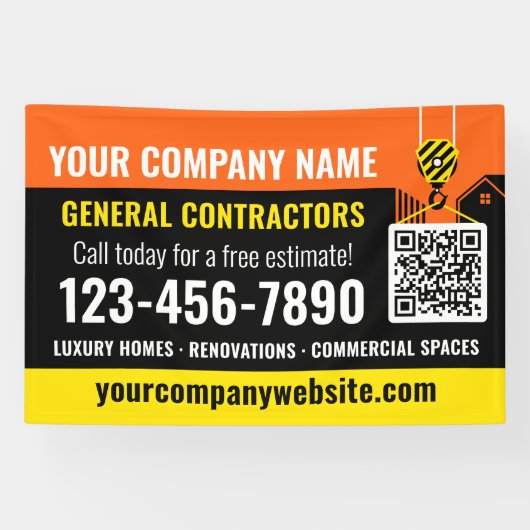 Bouwbedrijf QR Code Sinaasappel Promotional Spandoek (Horizontaal)