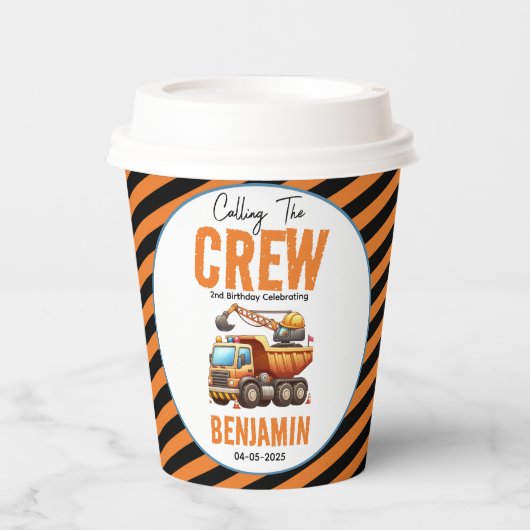Bouwbemanning dump vrachtwagen jongen 2e verjaarda papieren bekers (Voorkant)