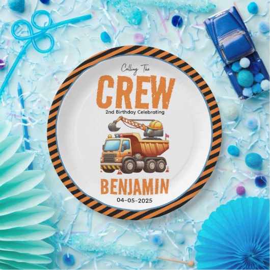 Bouwbemanning dump vrachtwagen jongen 2e verjaarda papieren bordje (Feest)