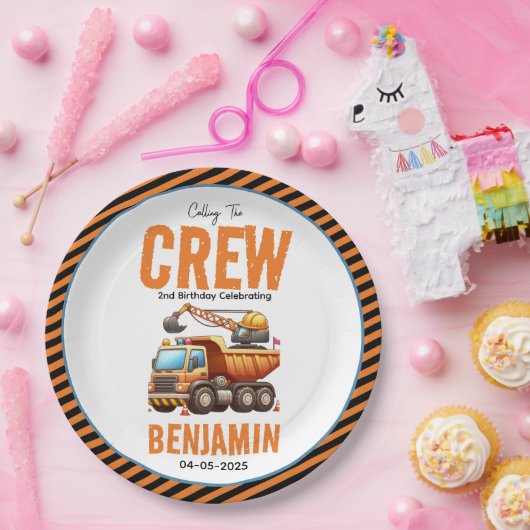 Bouwbemanning dump vrachtwagen jongen 2e verjaarda papieren bordje (Feest)