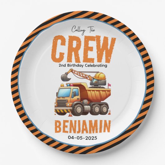 Bouwbemanning dump vrachtwagen jongen 2e verjaarda papieren bordje (Voorkant)