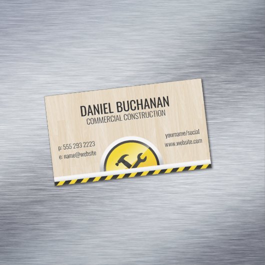 Bouwbeslag Gereedschap | Hout Achtergrond Magnetisch Visitekaartje (Voorbeeld)