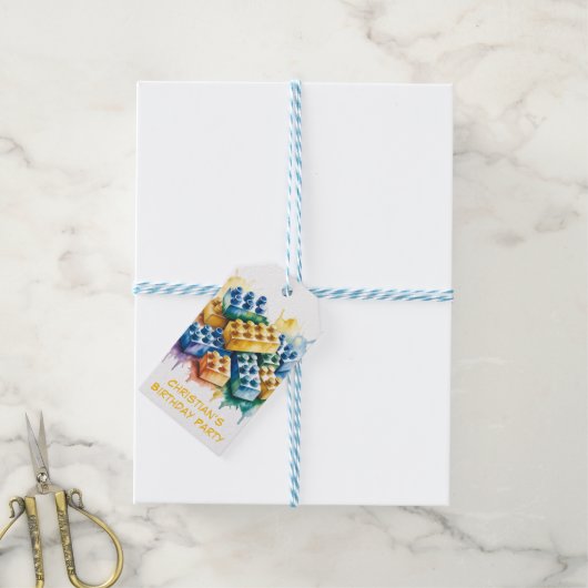 Bouwblok Splash Boy Verjaardagsfeest Bedankt Cadeaulabel (Met Touw)