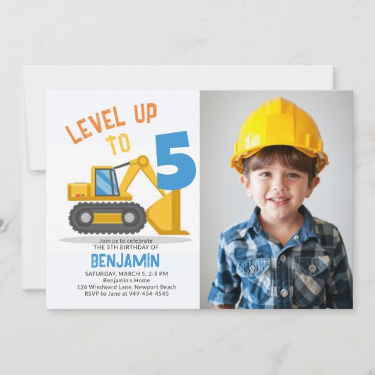 Bouwbulldozer Schattige Fotojongen 5e Verjaardag Kaart (Voorkant)