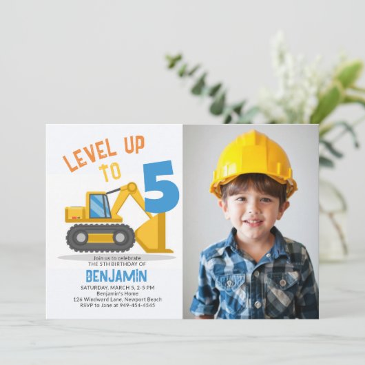 Bouwbulldozer Schattige Fotojongen 5e Verjaardag Kaart (Staand voorkant)