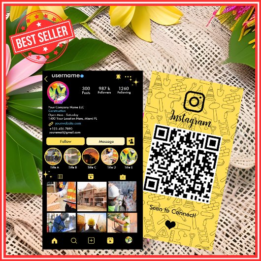 Bouwconstructie Instagram Geel | QR-code Visitekaartje