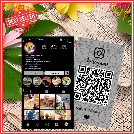 Bouwconstructie Instagram Grijze QR-code Visitekaartje