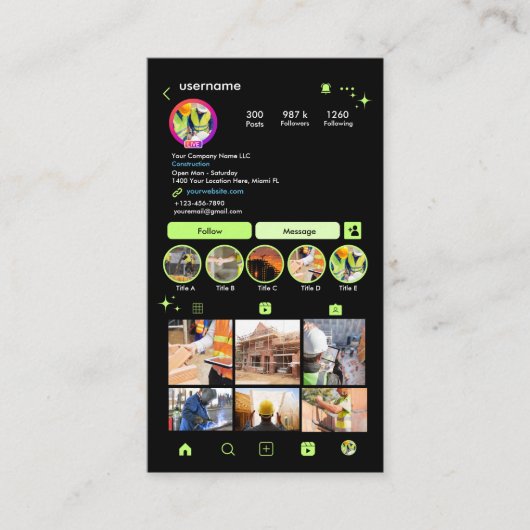 Bouwconstructie Instagram Lime Green QR Visitekaartje (Voorkant)