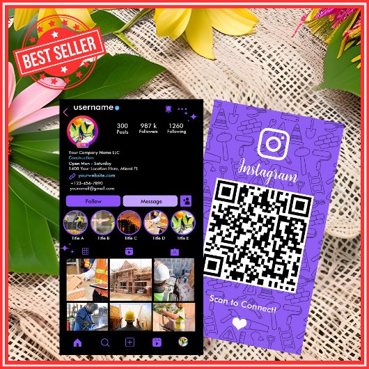 Bouwconstructie Instagram Paars | QR Code Visitekaartje