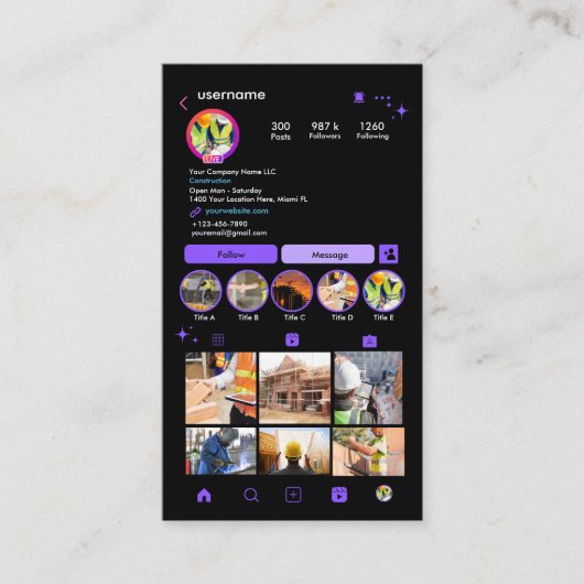 Bouwconstructie Instagram Paars | QR Code Visitekaartje (Voorkant)