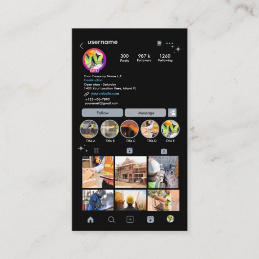 Bouwconstructie Instagram Stofblauwe QR-code Visitekaartje (Voorkant)