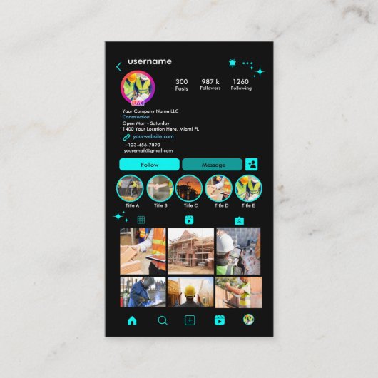Bouwconstructie Instagram Turquois | QR-code Visitekaartje (Voorkant)