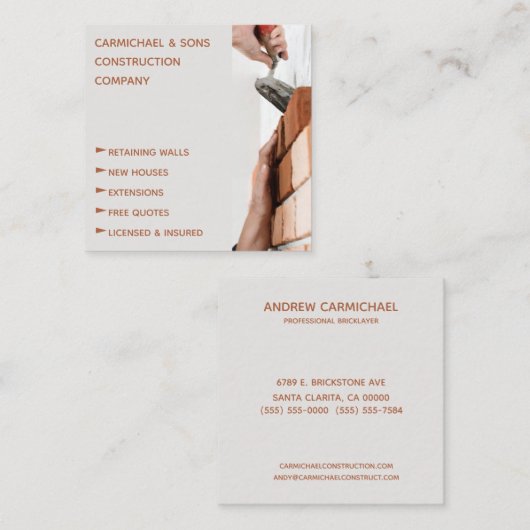 Bouwen van bricklayer vierkante visitekaartje (Voorkant / Achterkant)