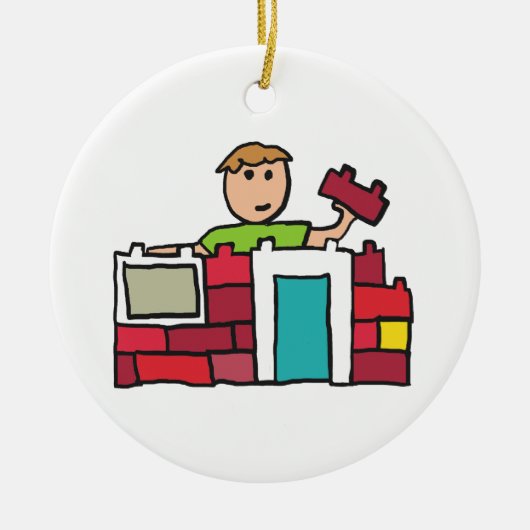 Bouwer bouwt huis met bouwstenen keramisch ornament (Voorkant)