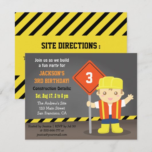 Bouwer Boy Construction Thema Verjaardagsfeest Kaart (Voorkant / Achterkant)
