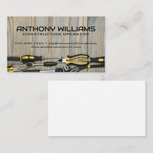 Bouwer Handgereedschap op Houten Tafel Visitekaartje (Voorkant / Achterkant)