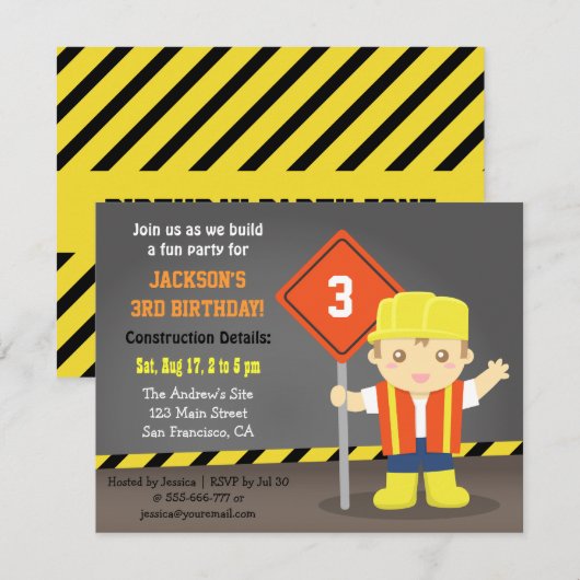 Bouwer Jongen Bouwthema Birthday Party Kaart (Voorkant / Achterkant)
