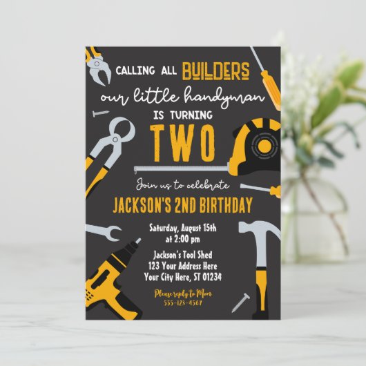 Bouwer Verjaardag uitnodiging, klusjesman Kaart (Staand voorkant)