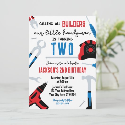 Bouwer Verjaardag uitnodiging, klusjesman Kaart (Staand voorkant)