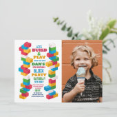 Bouwer Verjaardagsfeestje Bouwblokken Foto Kaart (Staand voorkant)