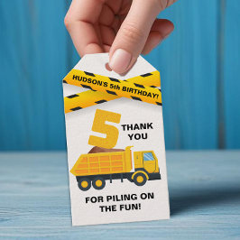 Bouwfeestje bedanklabel – Gele dumptruck Cadeaulabel